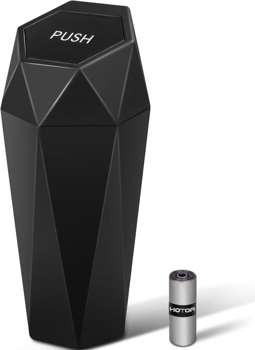 HOTOR Car Trash Can with Lid – 1 Pack, Mini Essential Car Accessories for Interior, Leakproof Car Garbage Can with 15 Attached Trash Bags, Multipurpose Car Organizers and Storage,Black