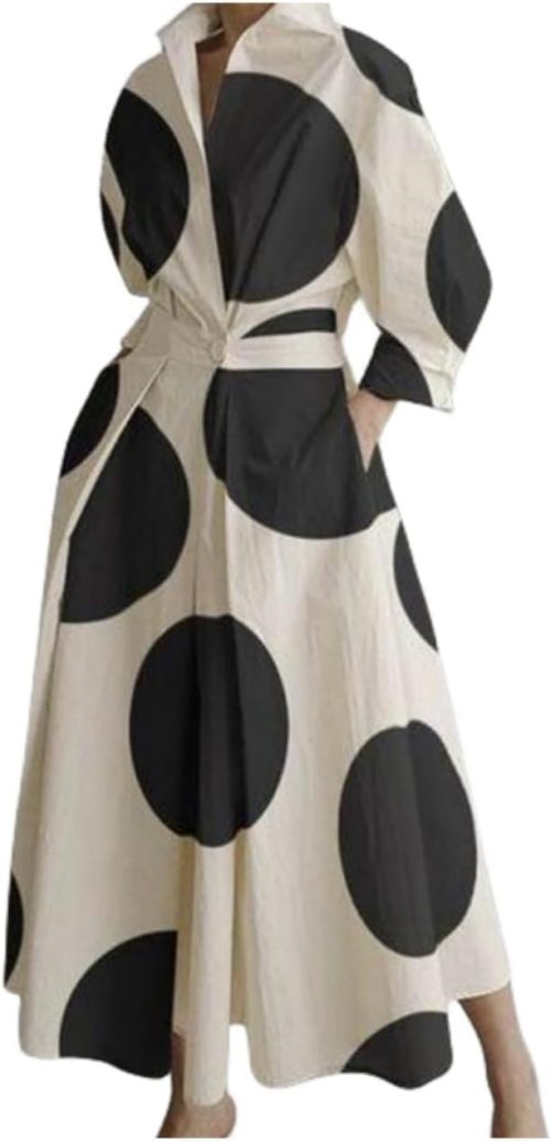 Shirt Dresses for Women Long Sleeve Button Lapel Cotton Linen Dress Loose Casual Waisted Maxi Dress with Pockets