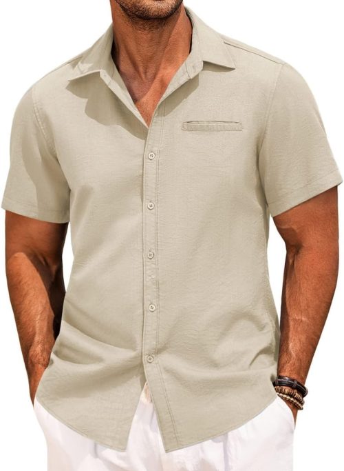 Mens Casual Button Down Shirt Short Sleeve V Neck Tops 2025 Summer Vacation Beach Blouses Shirts