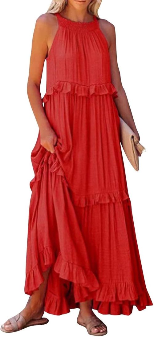 Summer Sleeveless Dress for Women Crew Neck Halter Tie Pleated Maxi Dress Flowy Ruffle Sun Dress for Beach Vacation