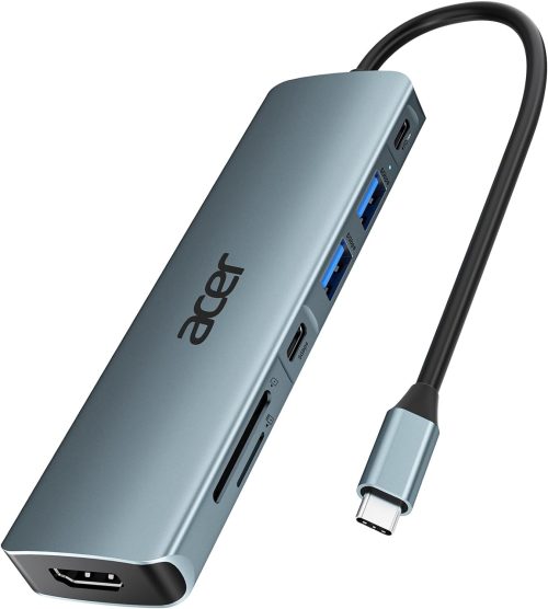 Acer USB C Hub, 7 in 1 USB C to HDMI Splitter, 2 USBA 3.1 GEN1 and 5Gbps Type-C Data Port, Type C Adapter with 4K HDMI Port, PD 100W Charging, SD Card Reader, for Laptop, PC, Desktop and More