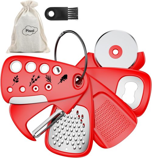 Kitchen Unique Gadgets Set 6 Pieces, Space Saving, Cheese Grater, Bottle Opener, Fruit Vegetable Peeler, Pizza Cutter, Garlic Ginger Grinder, Herb Stripper Gift Set