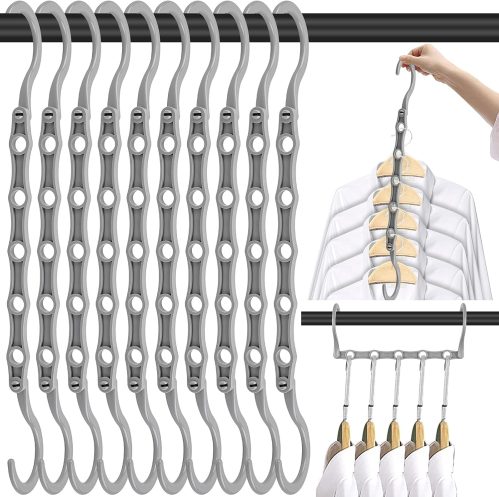 10 PCS Space Saving Hangers, 5-Hole Magic Hangers – Sturdy Plastic Hanger, Closet Organizers for Clothes Storage, College Dorm Essentials, Home Organization (Gray)