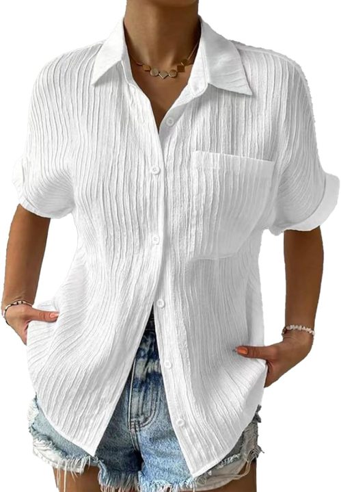 Cotton Shirts for Womens V Neck Short Sleeve Button Down Blouses Tops Casual Loose Collared Linen Work Blouse