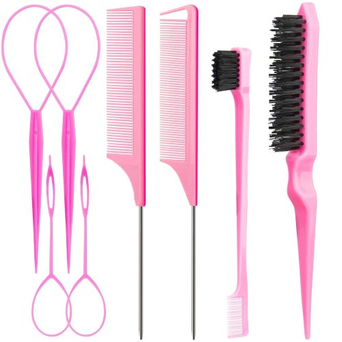 Aigee 8Pcs Hair Styling Combs Set Include 4Pcs Topsy Hair Tail Tools 2 Styles of Rat Tail Comb,1Pcs Bristle Teasing And Slick Back Hair Brush,1Pcs Edge Control Brush,Eyebrow Brush for Woman Girl Pink