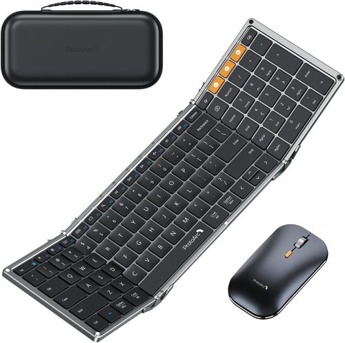ProtoArc Foldable Keyboard and Mouse, XKM01 True Full-Size Folding Keyboard Mouse Combo for Business and Travel, 2.4G+Dual Bluetooth Portable Mouse Keyboard for Laptop iPads Tablets – Black Gray