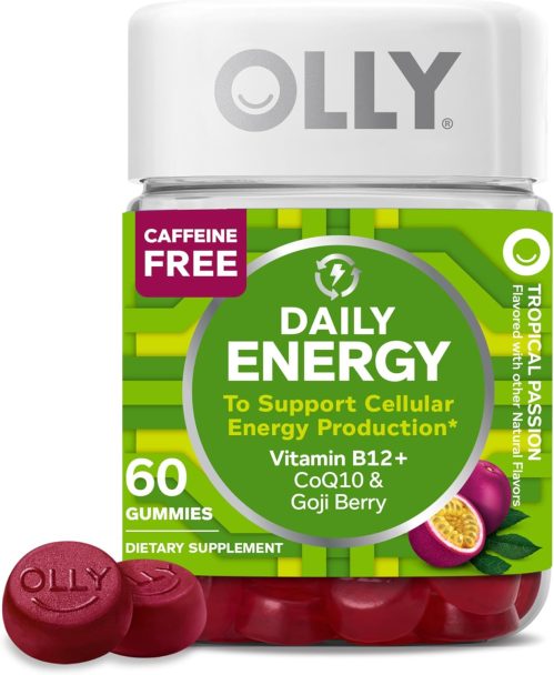 OLLY Daily Energy Gummy, Caffeine Free, Vitamin B12, CoQ10, Goji Berry, Adult Chewable Supplement, Tropical Flavor – 60 Count