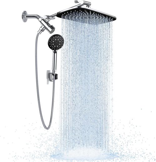 Veken High Pressure Rain Shower Head Combo with Extension Arm- Wide Showerhead with 6 Handheld Water Spray – Adjustable Dual Shower with Anti-Clog Nozzles – Silver Chrome
