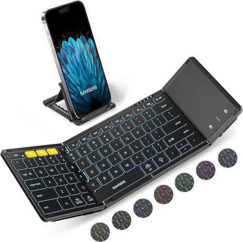 Samsers Foldable Bluetooth Keyboard with Touchpad, Full-Size Wireless Folding Keyboard with Backlight, Portable Travel Keyboard for iOS Android Windows Mac OS, Support 3 Device(BT5.1 x 3), Black