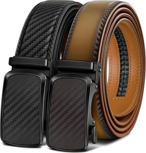 BULLIANT Men’s Ratchet Belt 2 Pack-Click Leather Belt Adjustable for Men Gift 1 3/8-Cut for Perfect Fit
